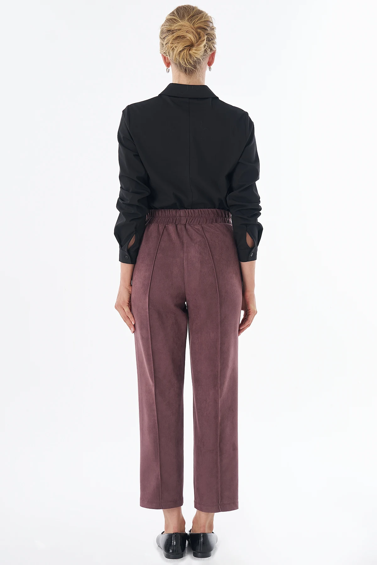 Topstitched Suede Trousers Burgundy