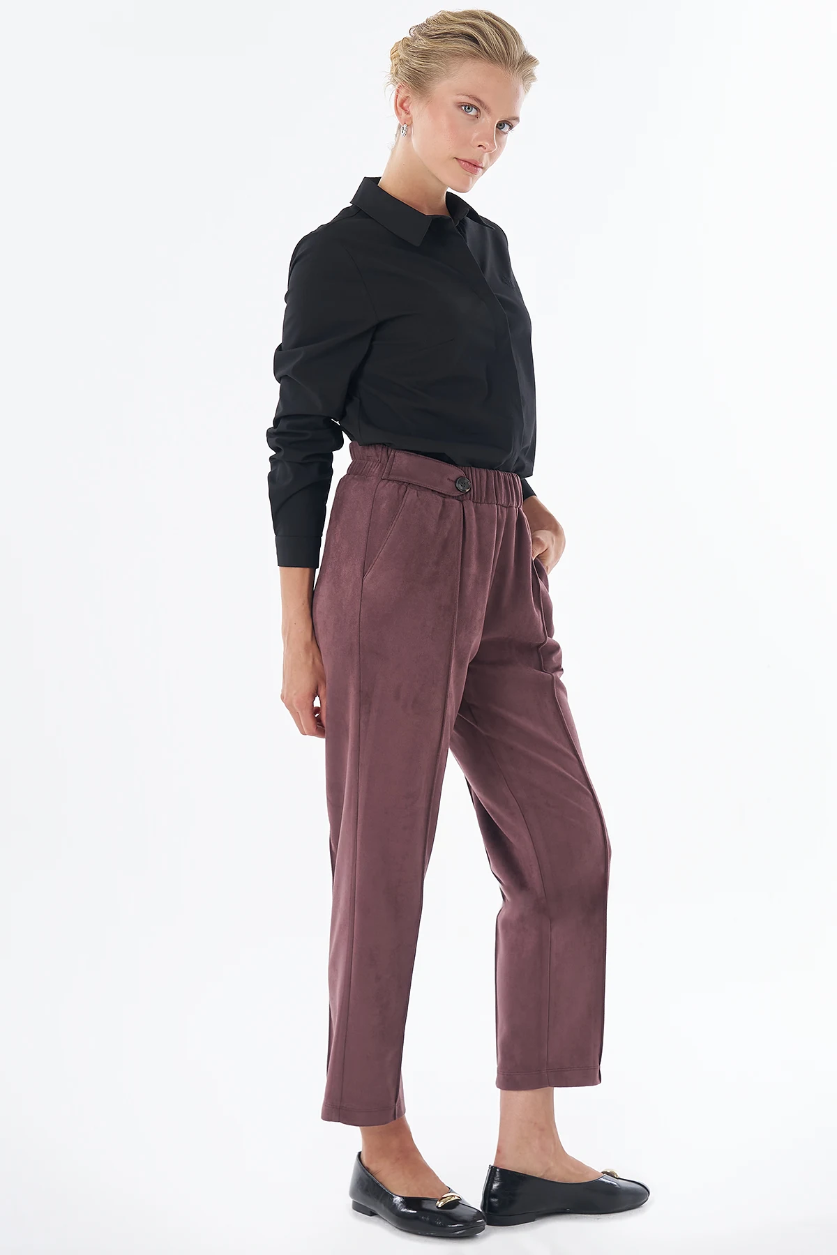 Topstitched Suede Trousers Burgundy