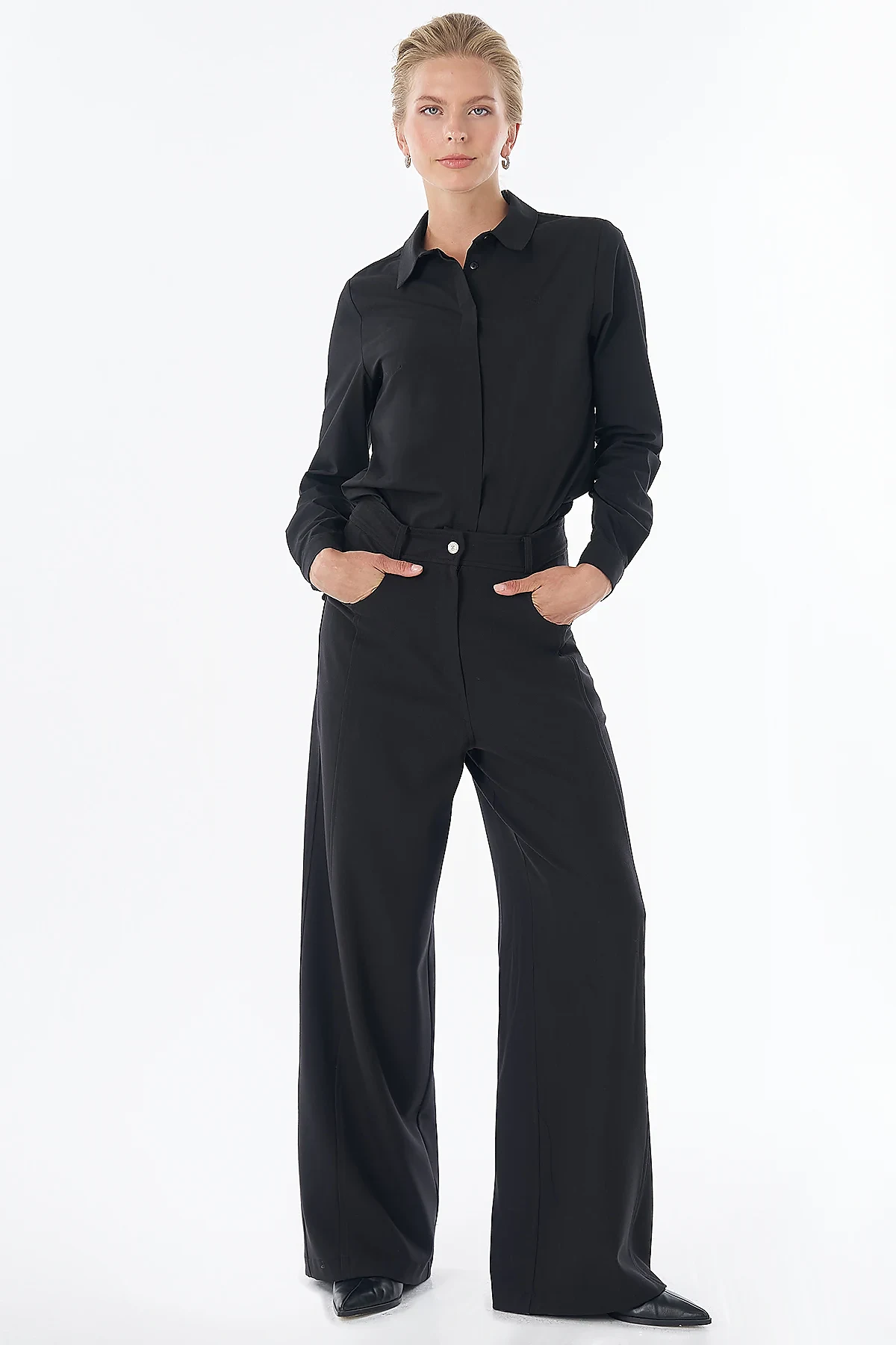 Stitch-Detail Wide-Leg Trousers Black 