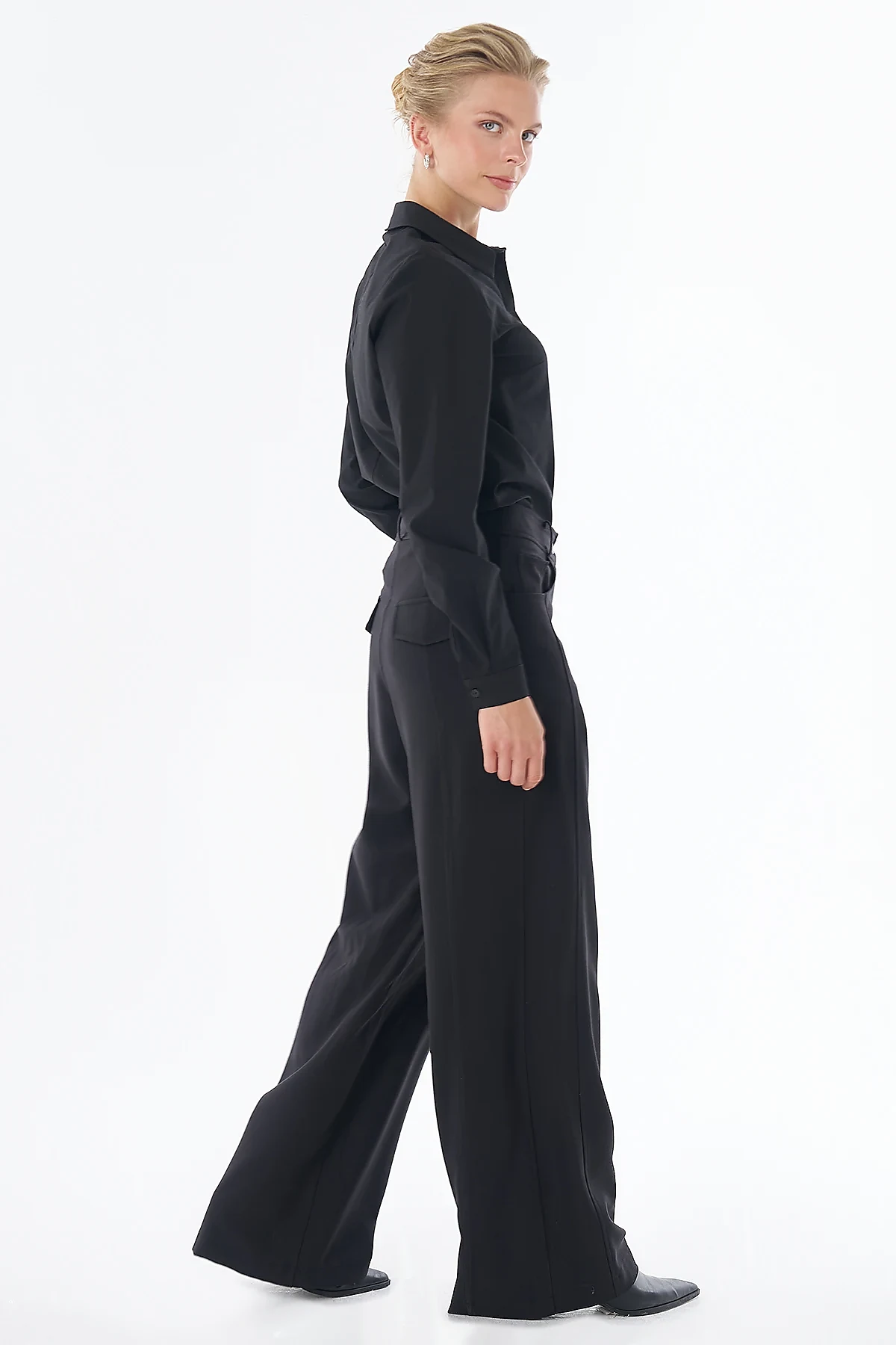 Stitch-Detail Wide-Leg Trousers Black 