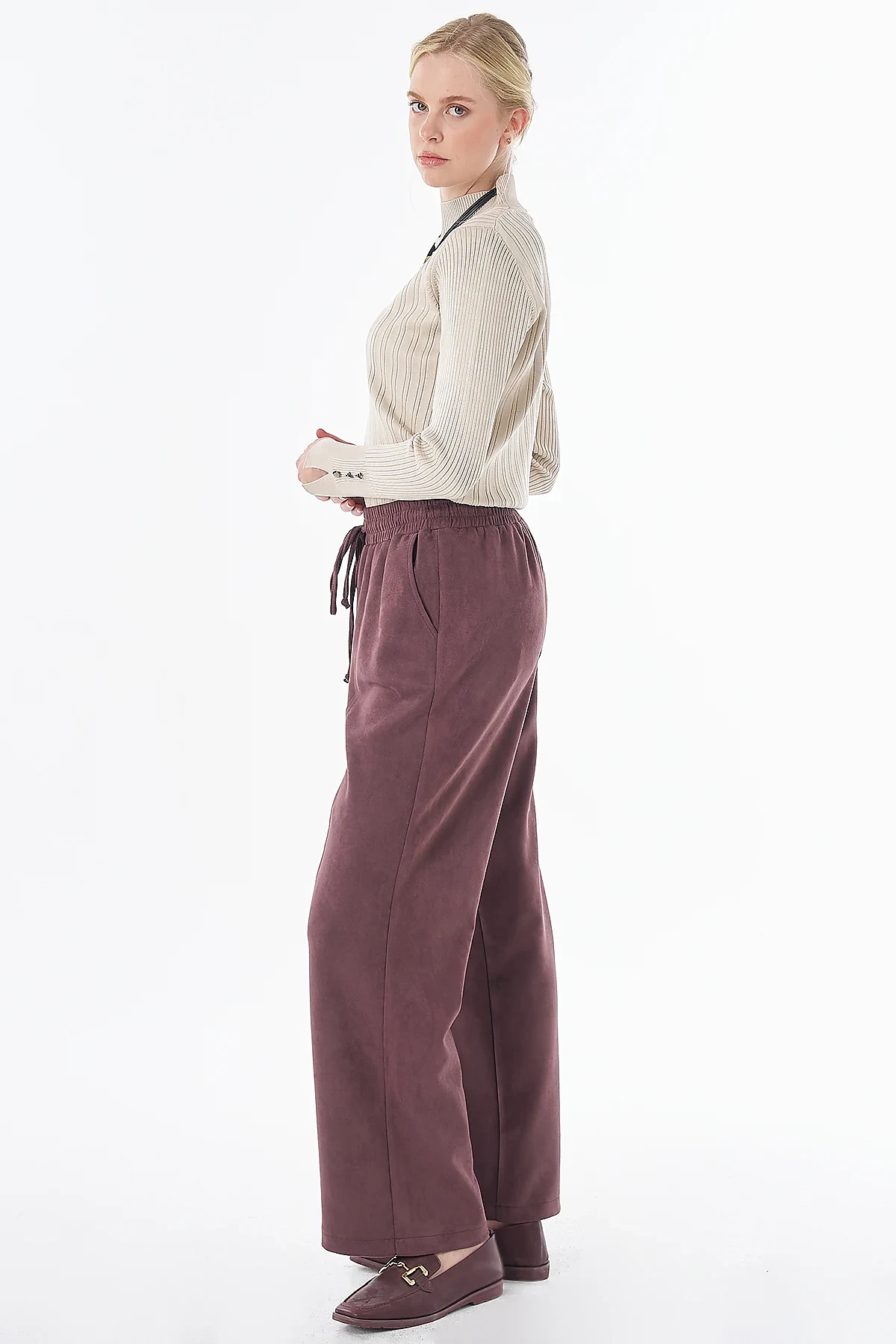Elastik Bel Süet Pantolon Bordo