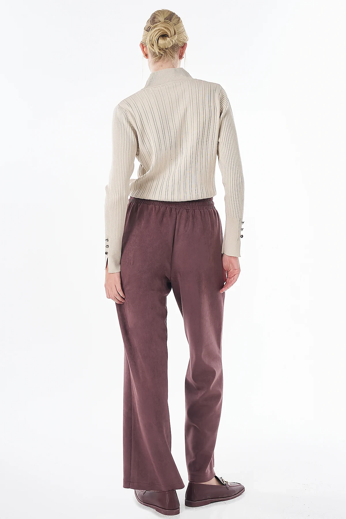 Elastik Bel Süet Pantolon Bordo