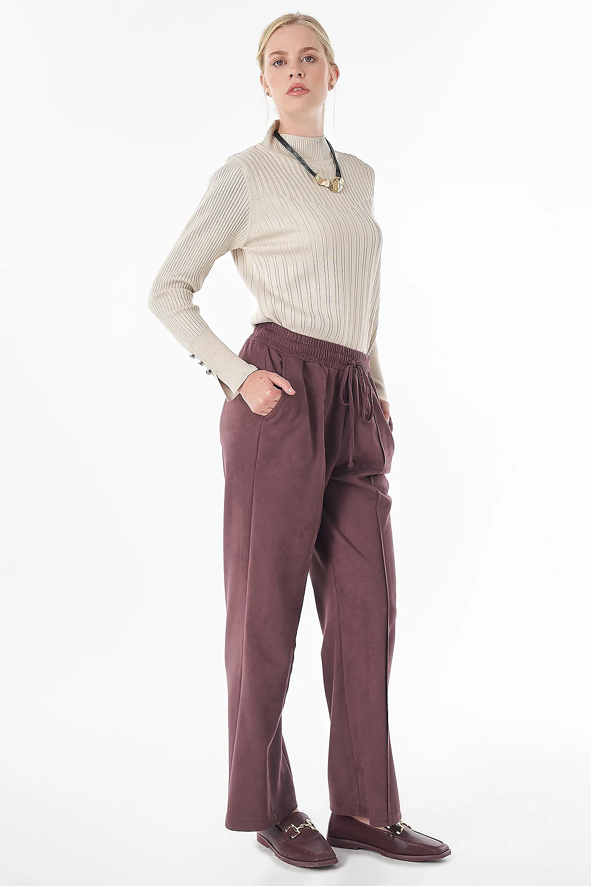 Elastik Bel Süet Pantolon Bordo