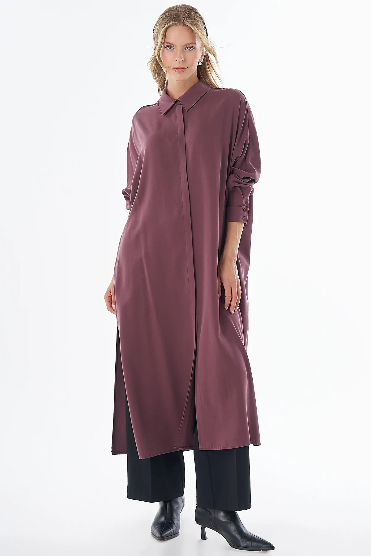 %100 Lyocell Uzun Tunik Bordo