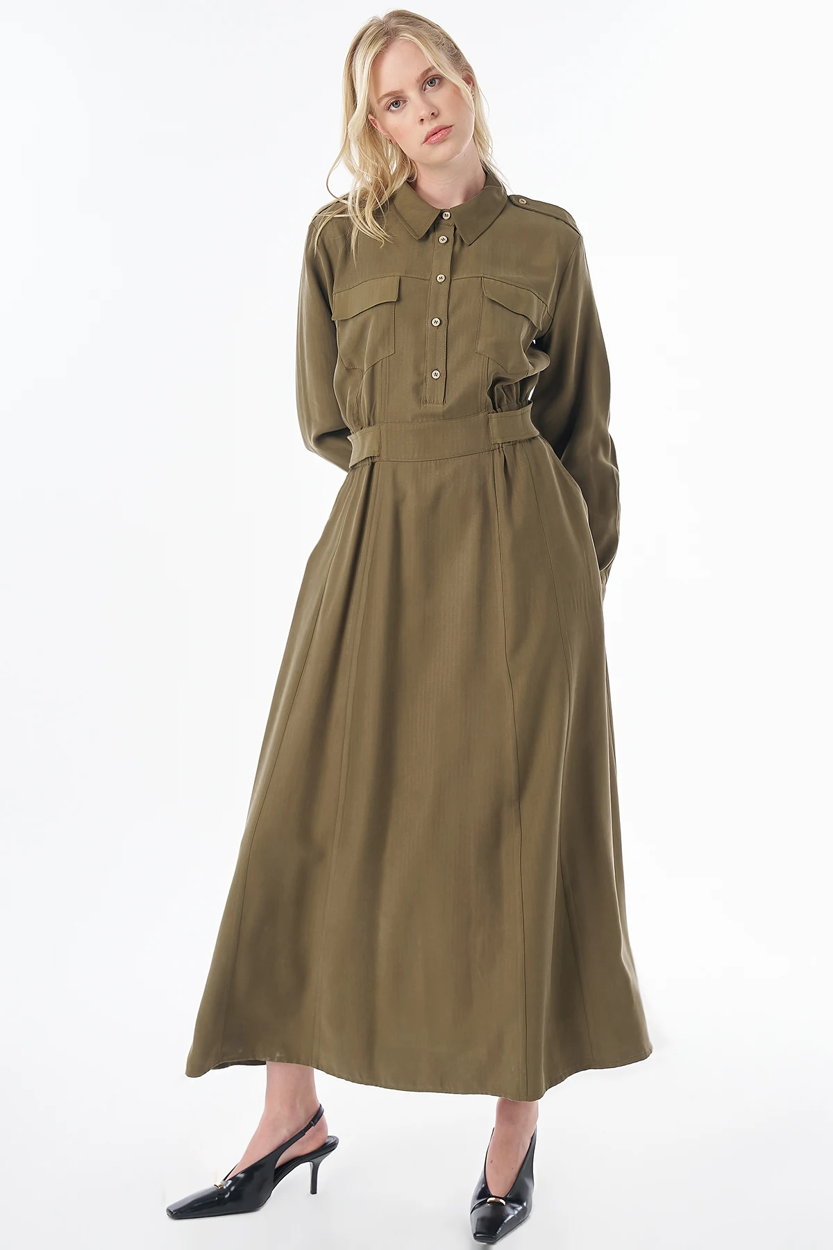 Rayon Shirt-Collar Dress Khaki 
