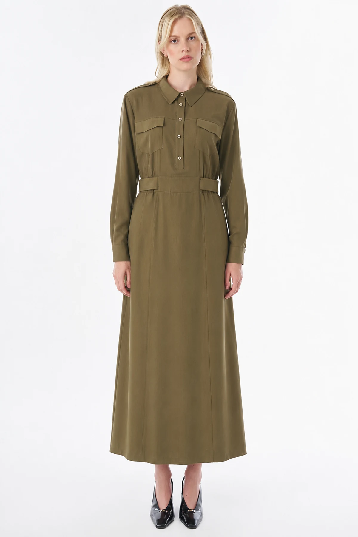 Rayon Shirt-Collar Dress Khaki 