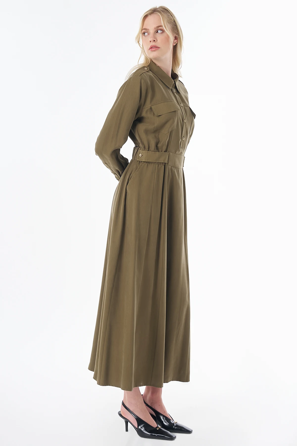Rayon Shirt-Collar Dress Khaki 
