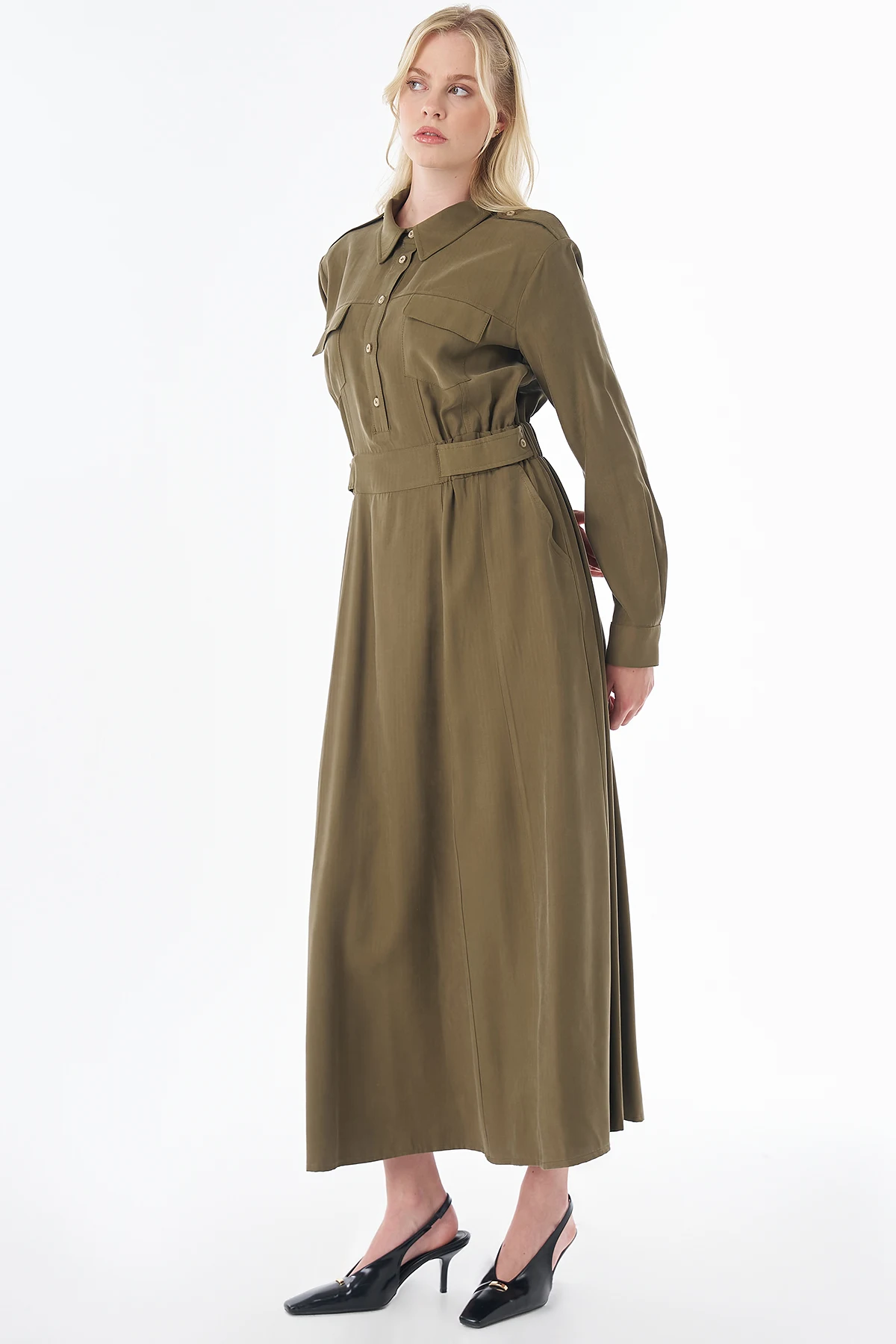 Rayon Shirt-Collar Dress Khaki 
