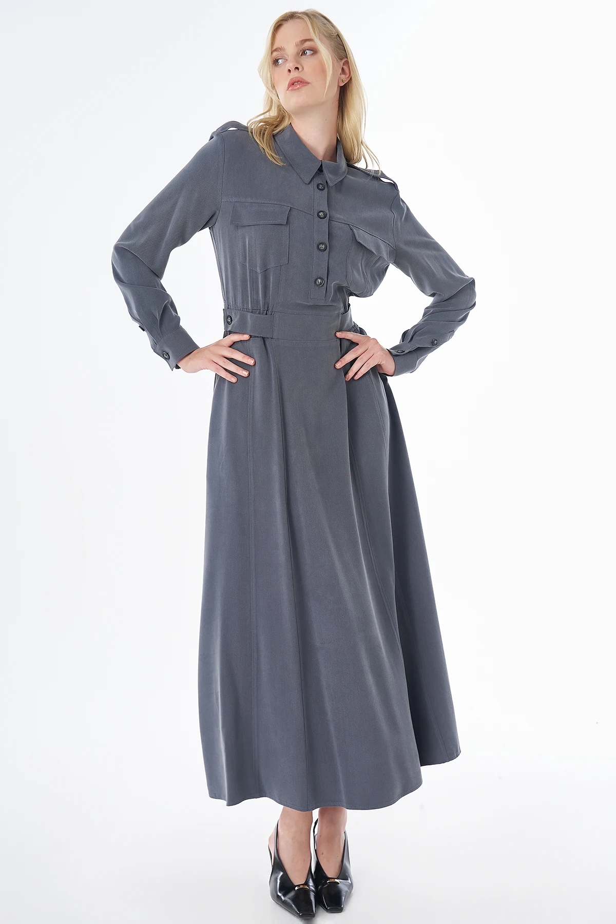 Flap Pocket Maxi Dress Charcoal 