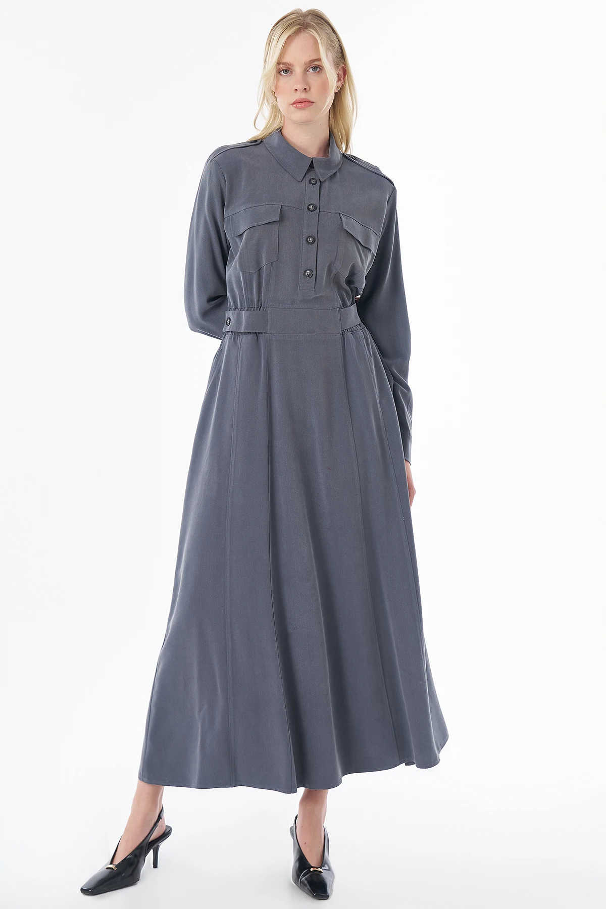 Flap Pocket Maxi Dress Charcoal 