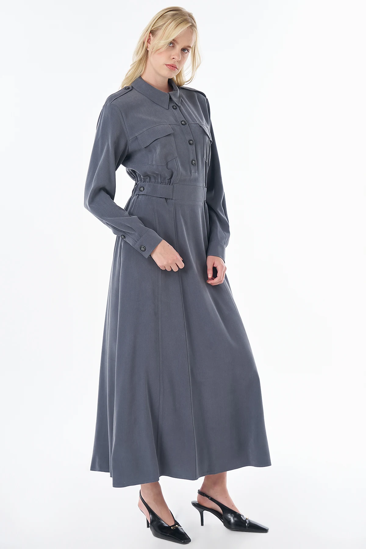 Flap Pocket Maxi Dress Charcoal 