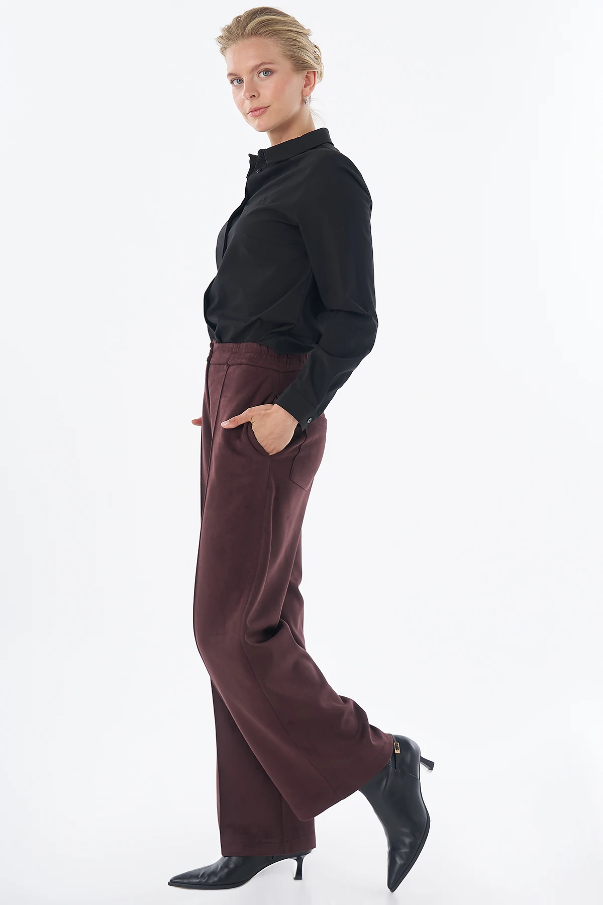 Topstitched Suede Trousers Brown 