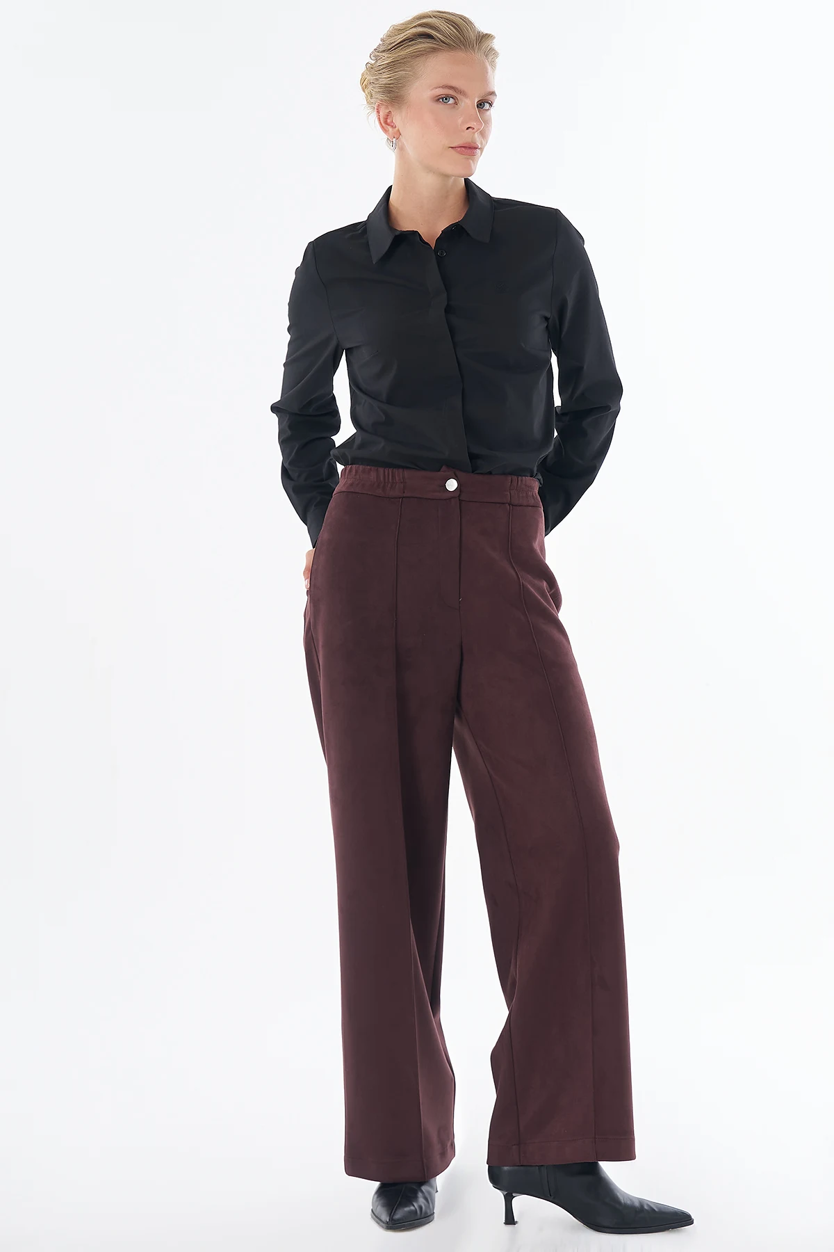 Topstitched Suede Trousers Brown 