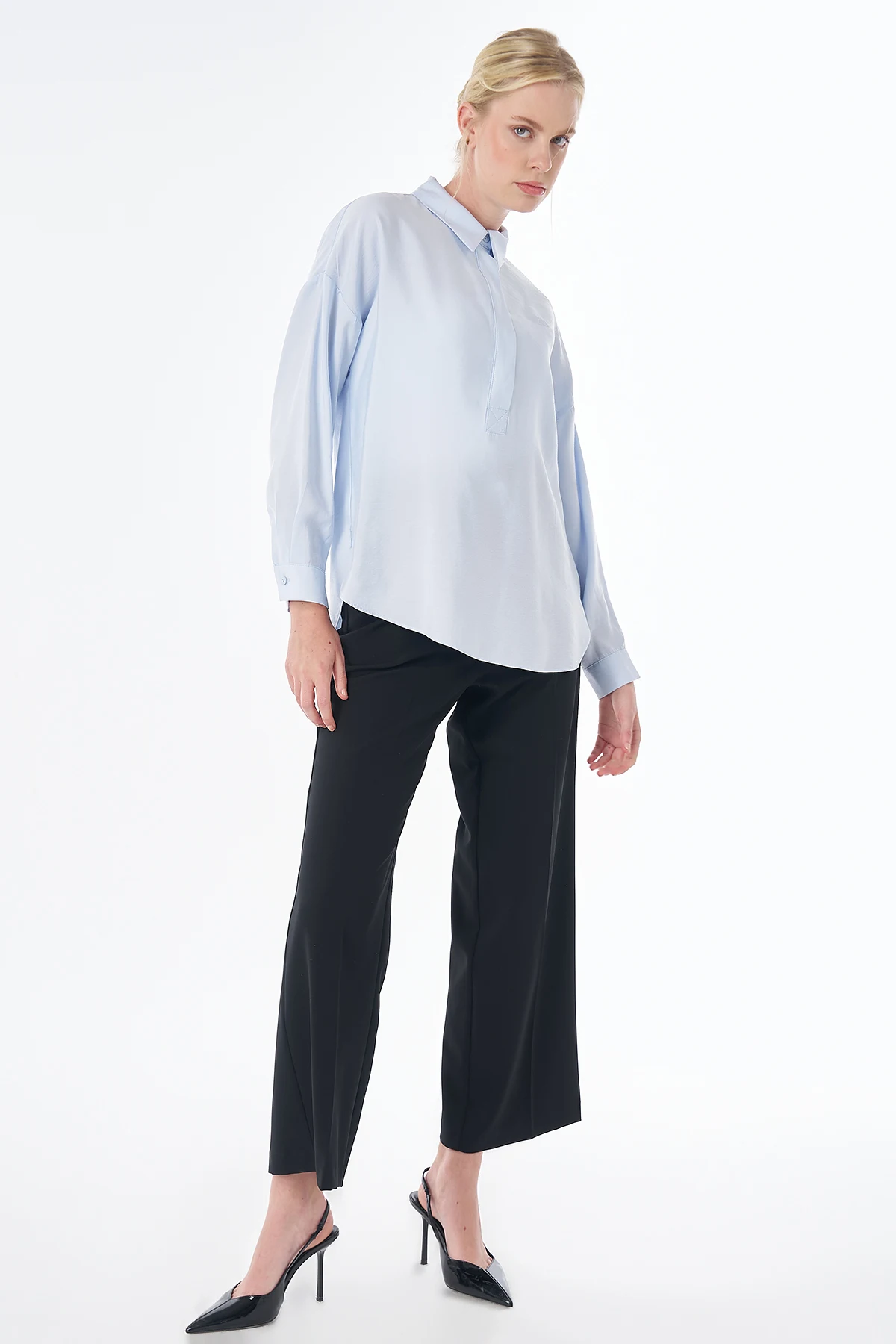 Half Placket Basic Blouse - Blue