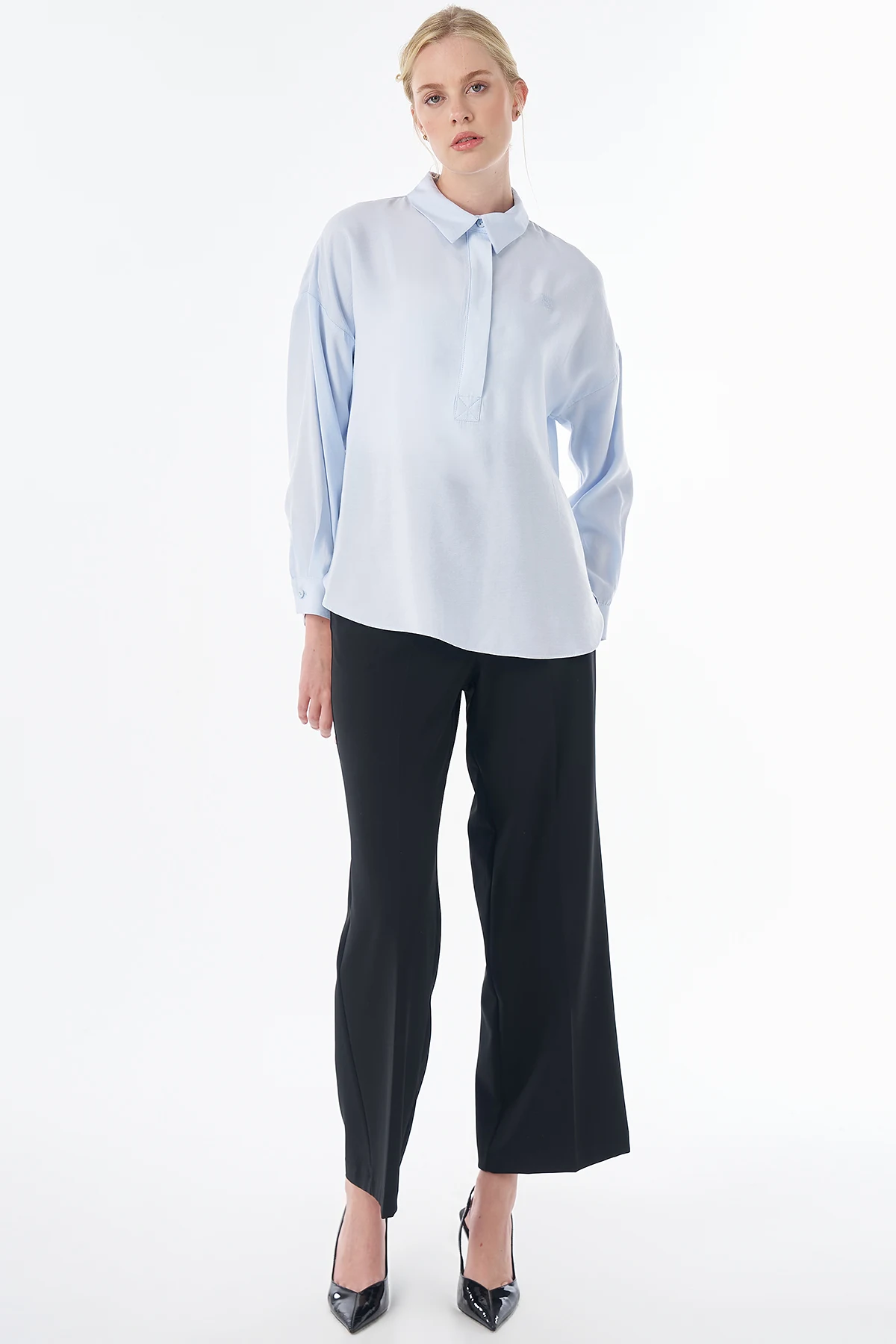 Half Placket Basic Blouse - Blue