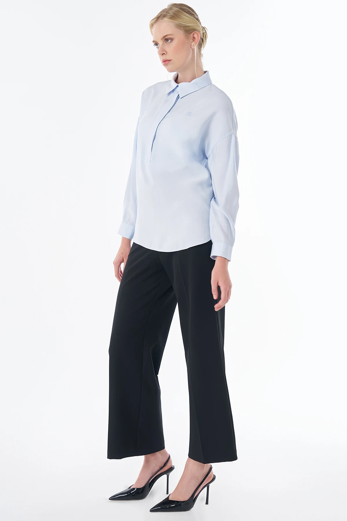Half Placket Basic Blouse - Blue
