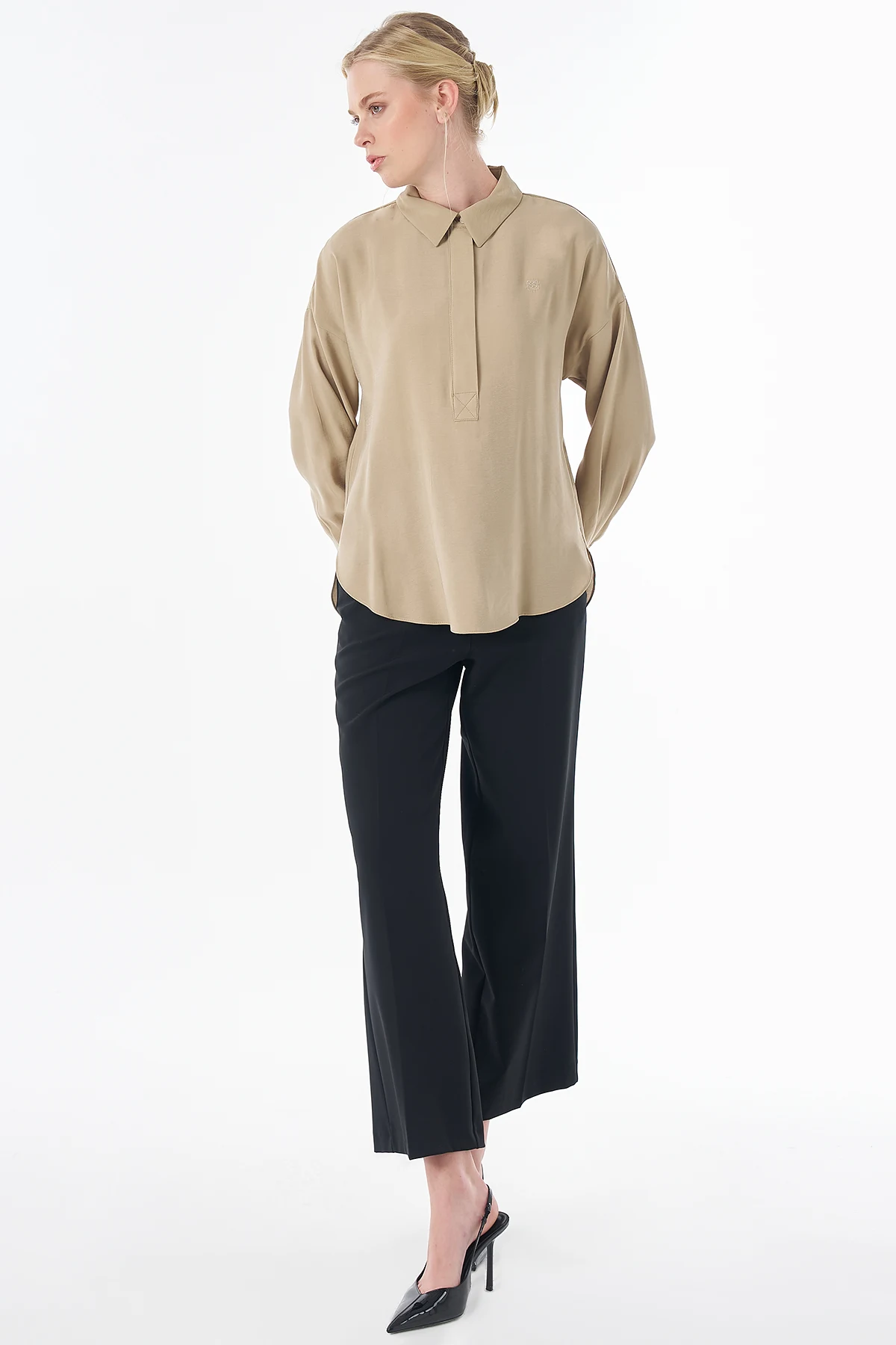 Half Placket Basic Blouse - Beige