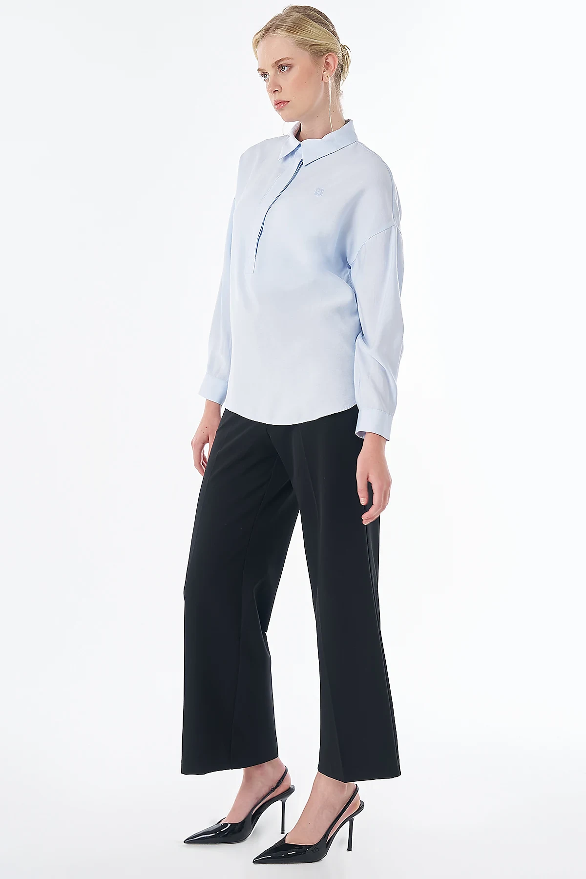 Half Placket Basic Blouse - Blue