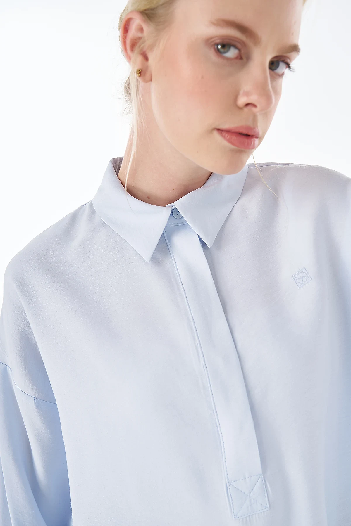 Half Placket Basic Blouse - Blue