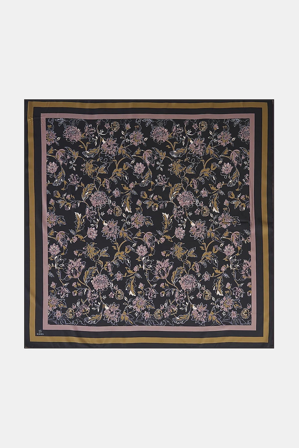 Floral Pattern Twill Scarf Black-Olive Green