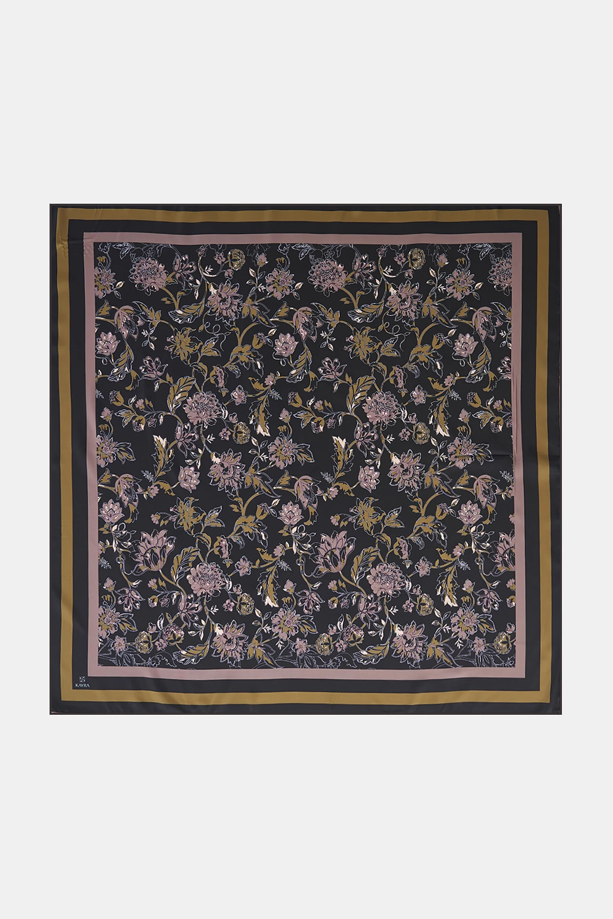 Floral Pattern Twill Scarf Black-Olive Green