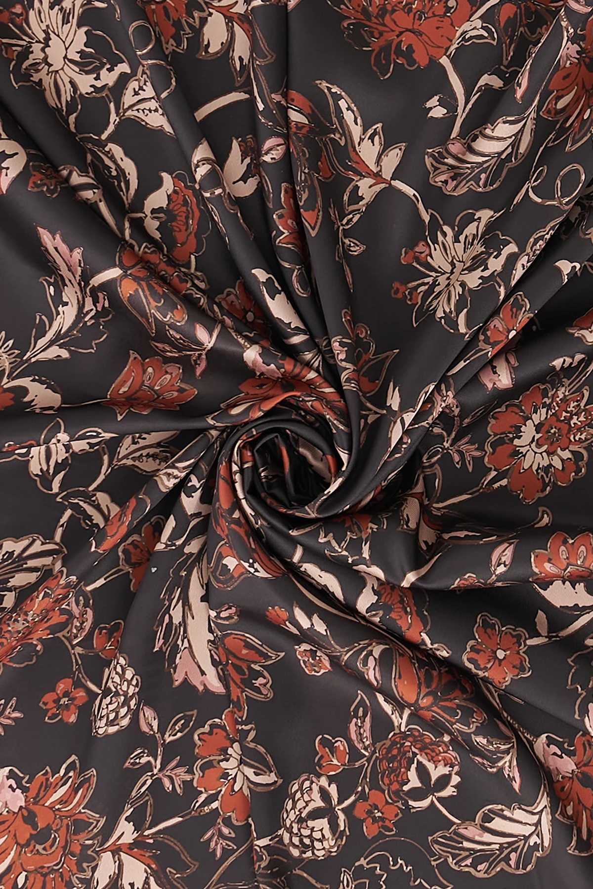 Floral Pattern Twill Scarf Dark Brown-Terracotta