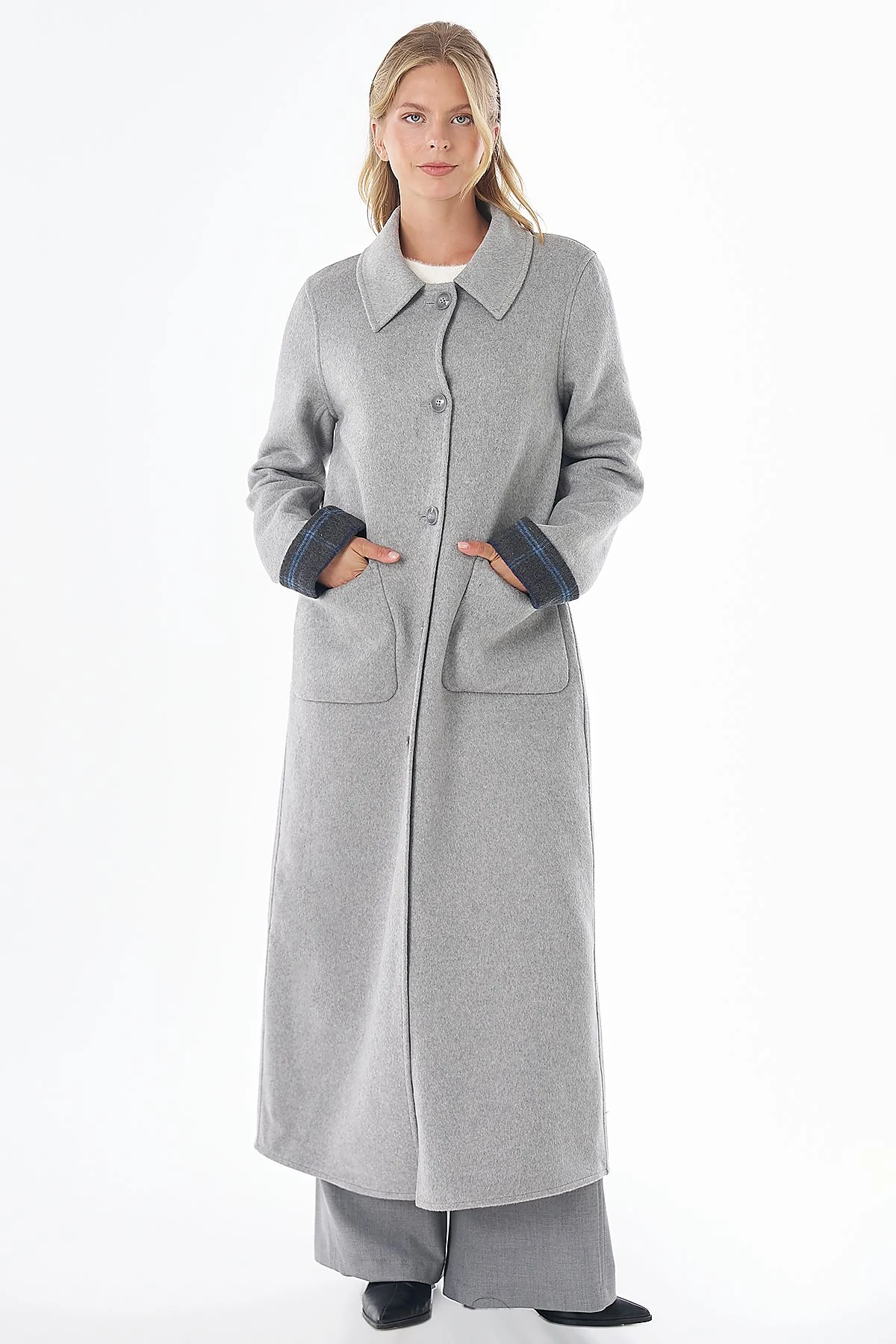 Patch-Pocket Wool-Blend Coat Gray