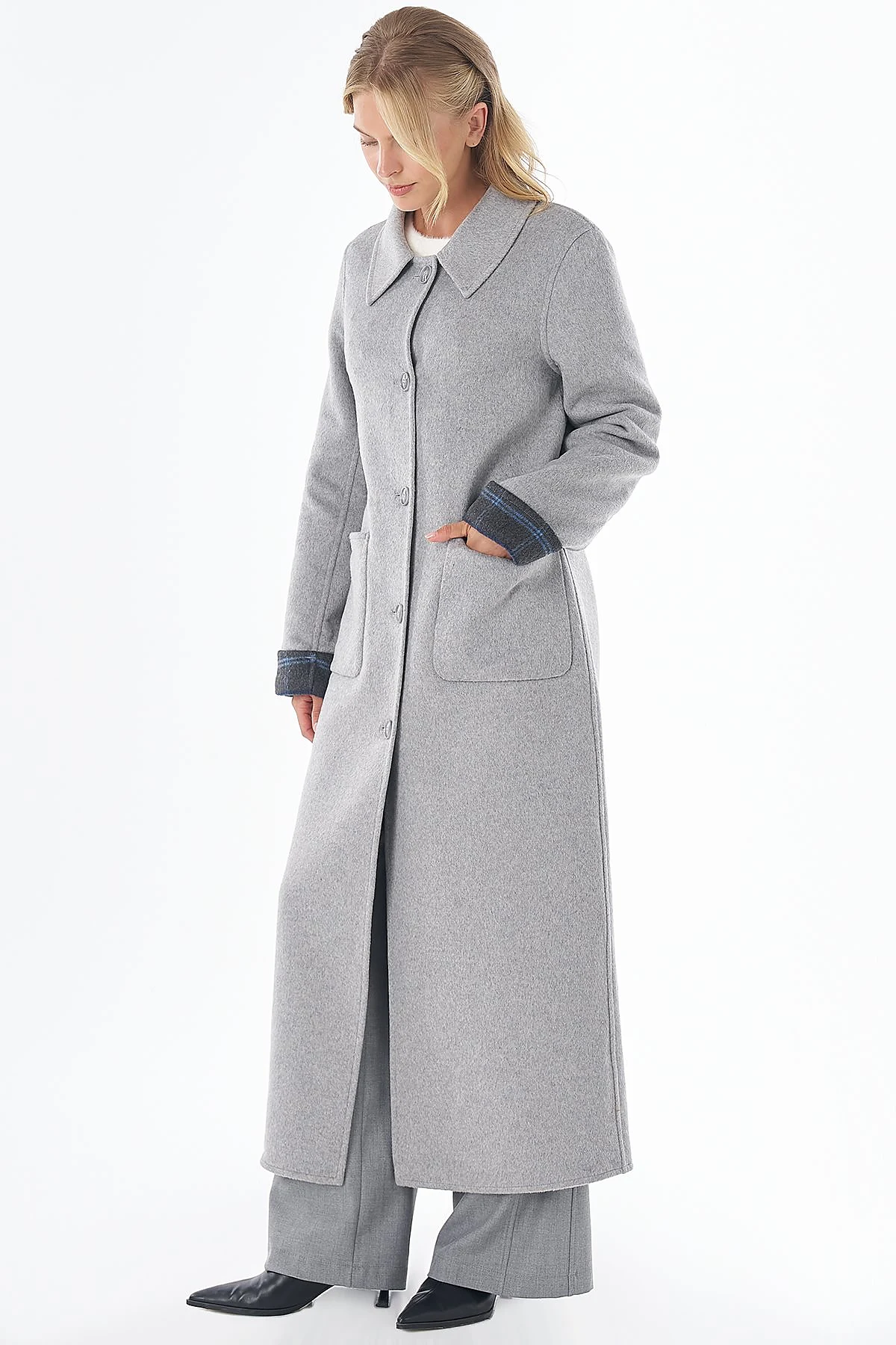 Patch-Pocket Wool-Blend Coat Gray