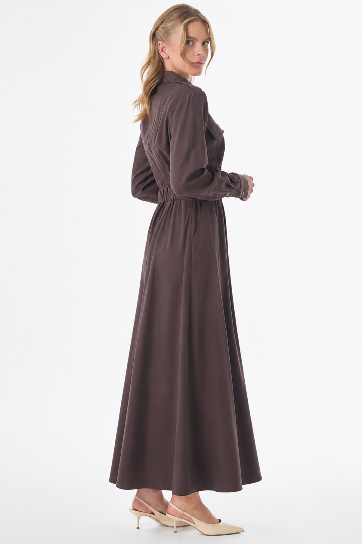 Shirt Collar Rayon Dress Dark Brown