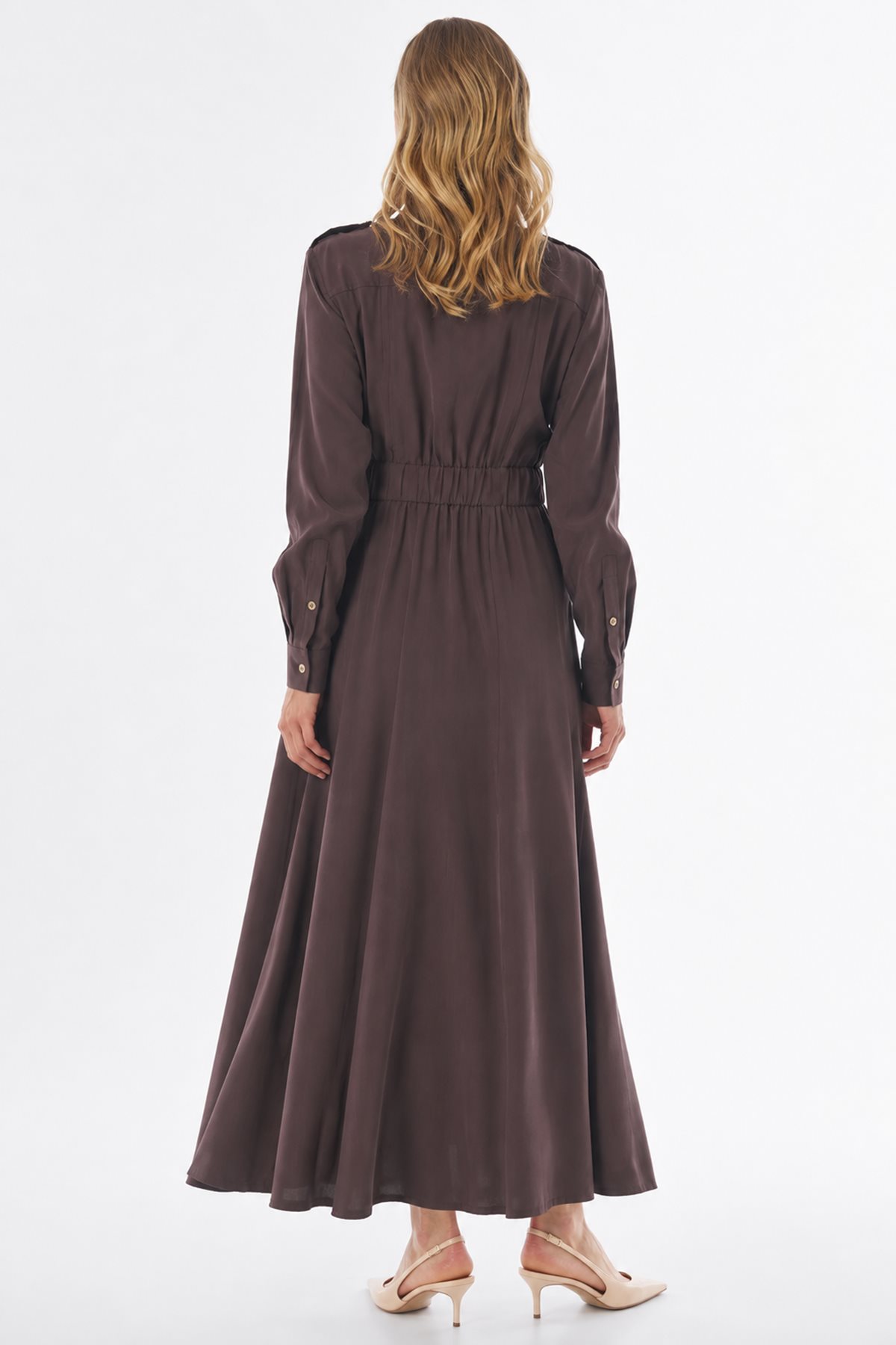 Shirt Collar Rayon Dress Dark Brown