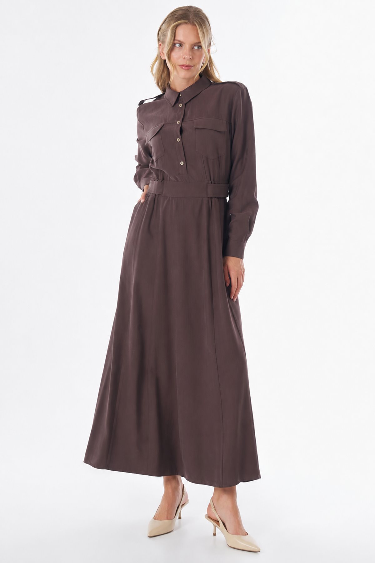 Shirt Collar Rayon Dress Dark Brown