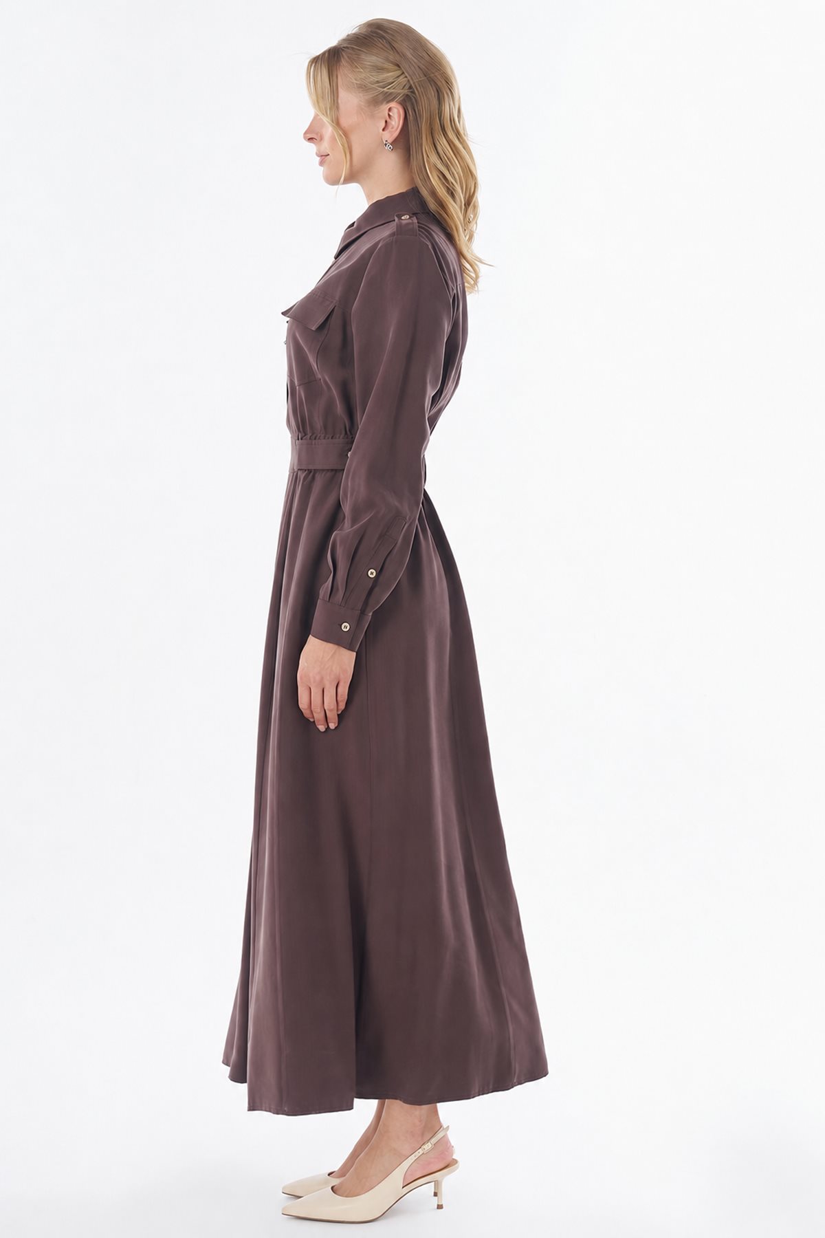 Shirt Collar Rayon Dress Dark Brown