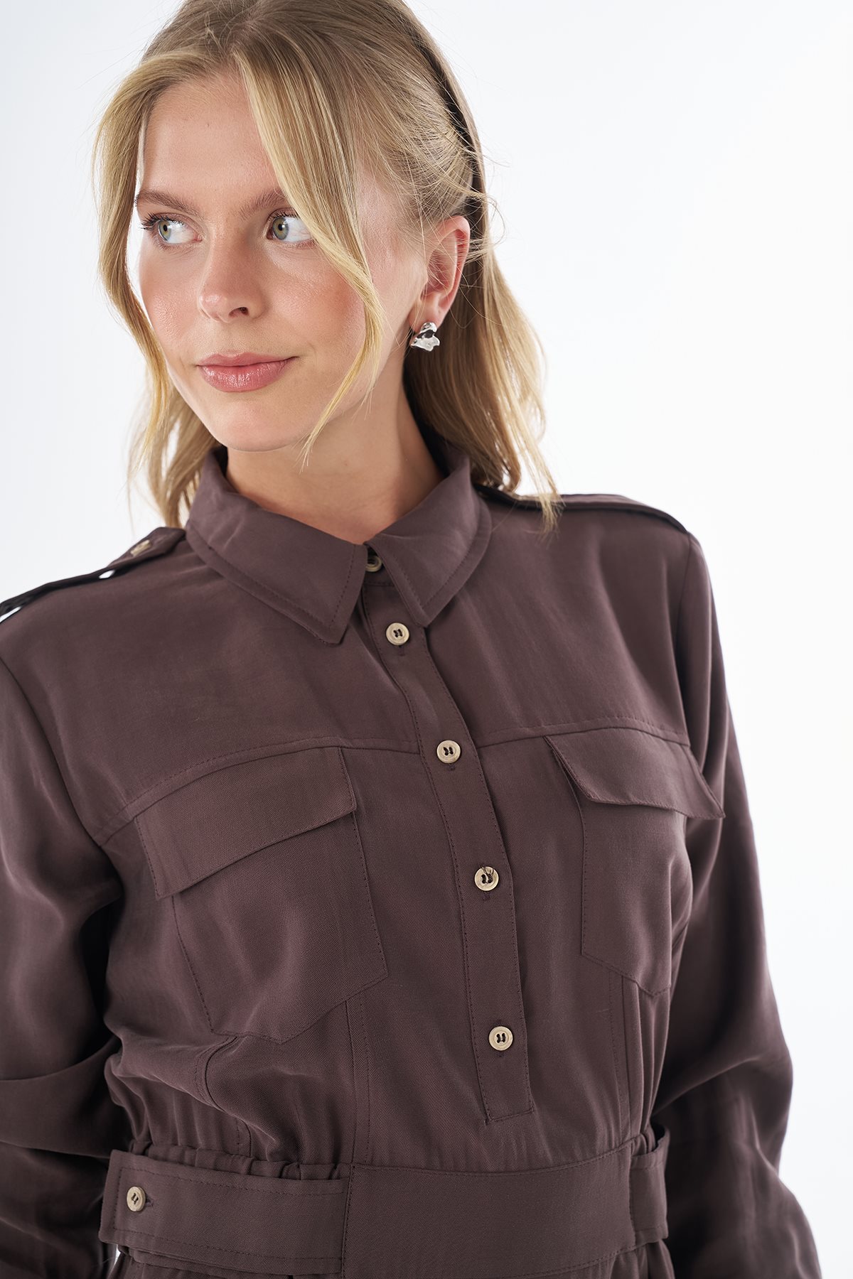Shirt Collar Rayon Dress Dark Brown