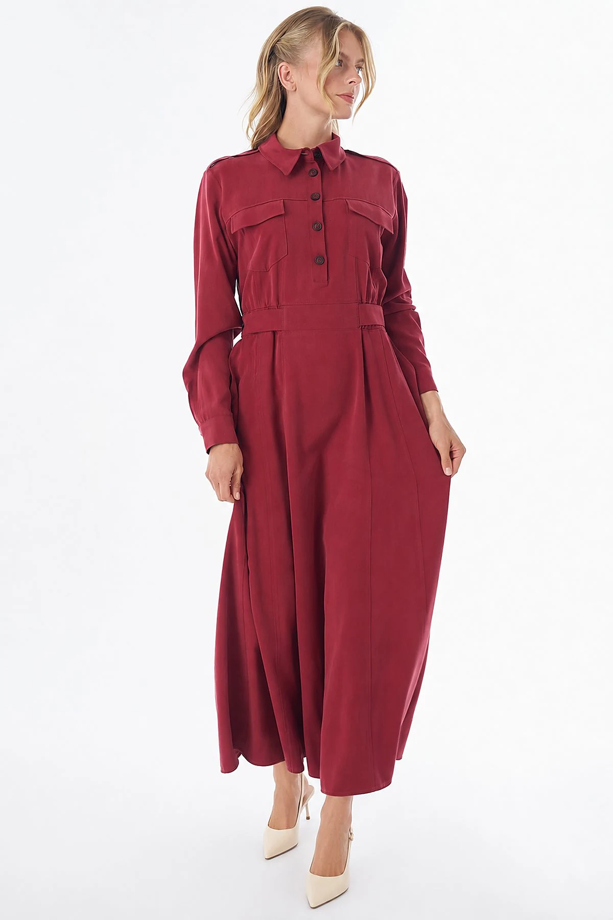 Flap Pocket Maxi Dress Red
