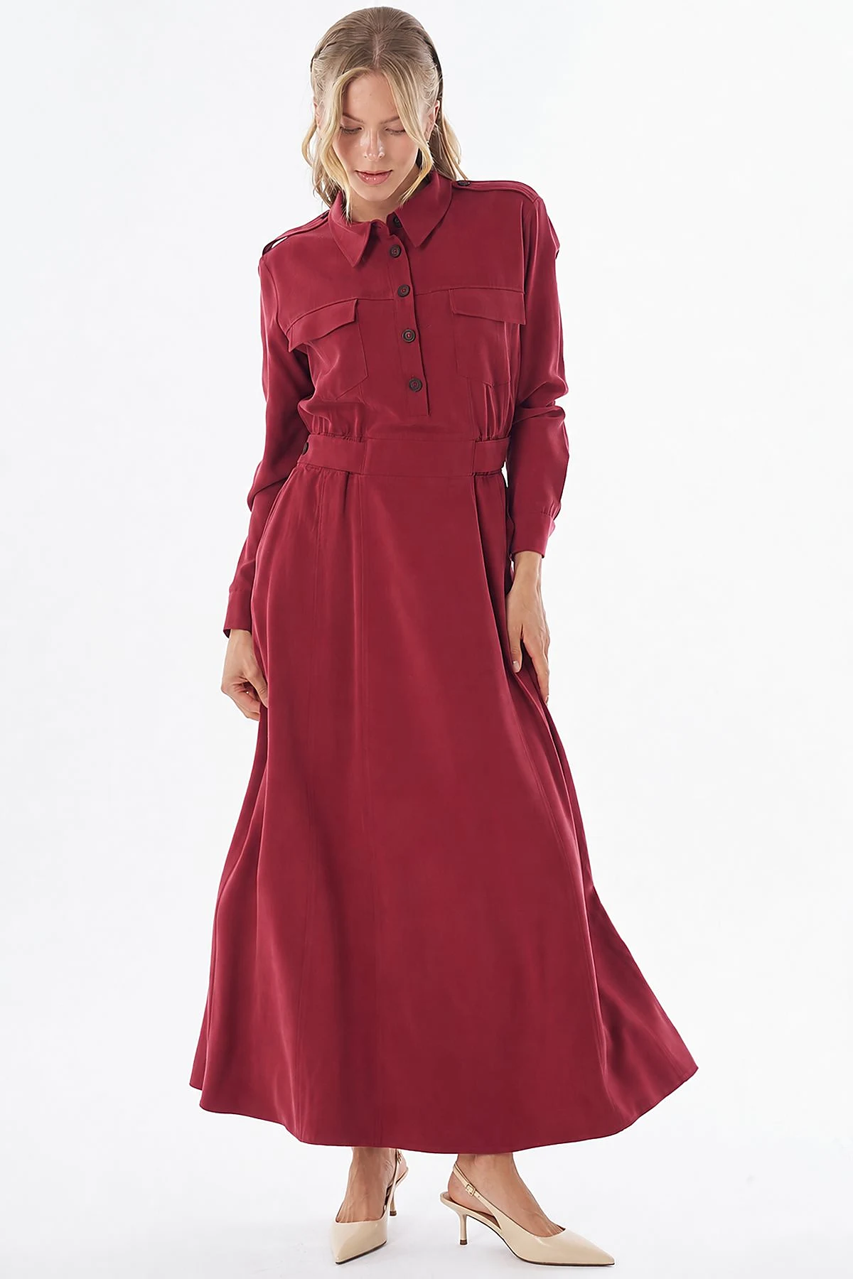 Flap Pocket Maxi Dress Red