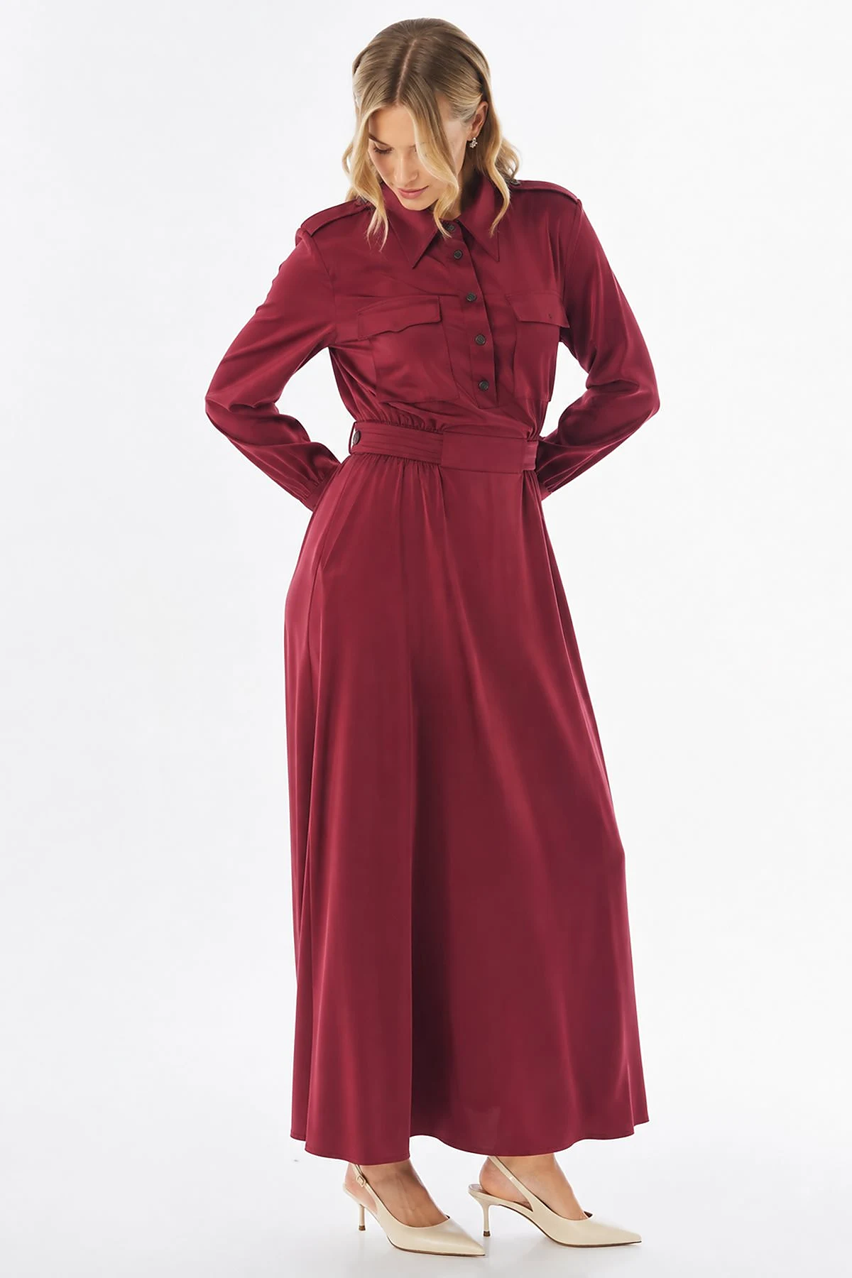Flap Pocket Maxi Dress Red