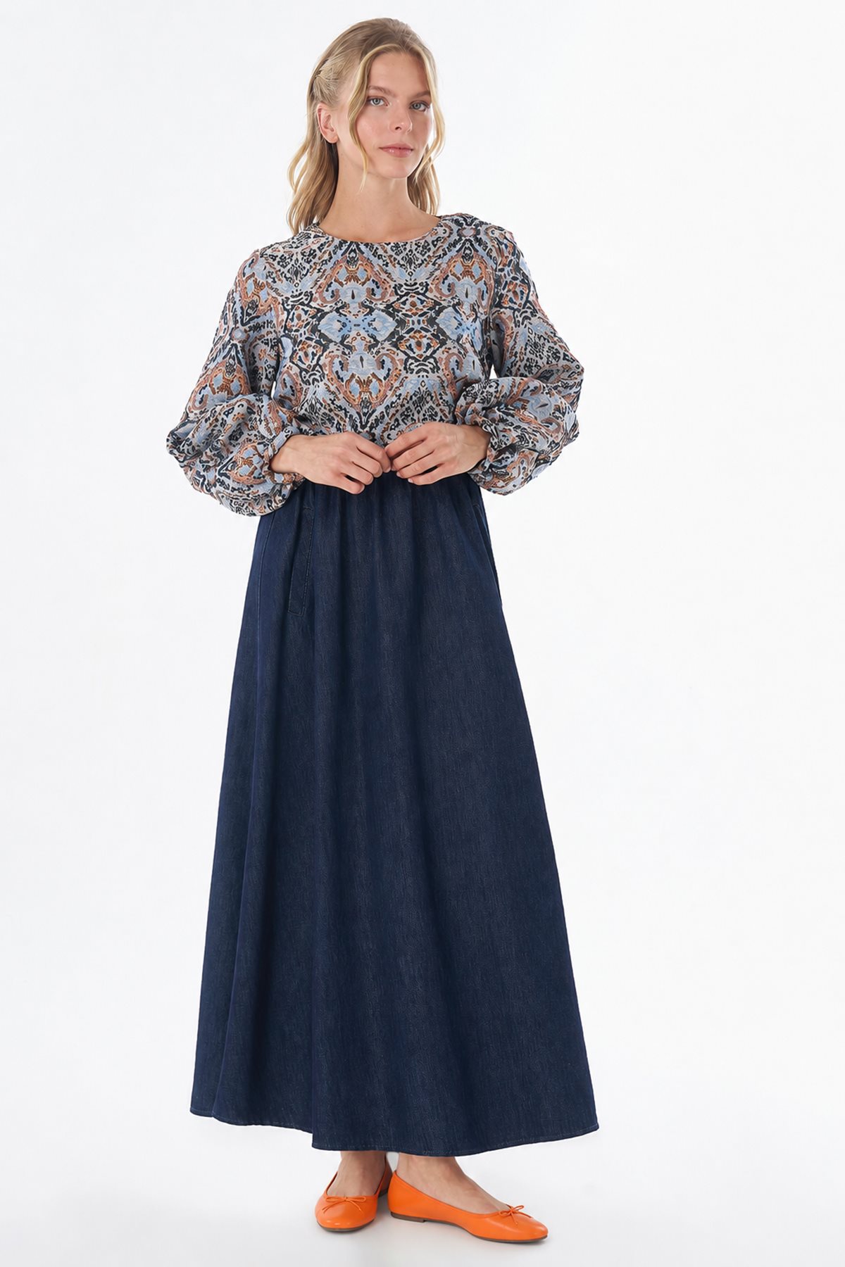 Denim-Trimmed Jacquard Dress Indigo