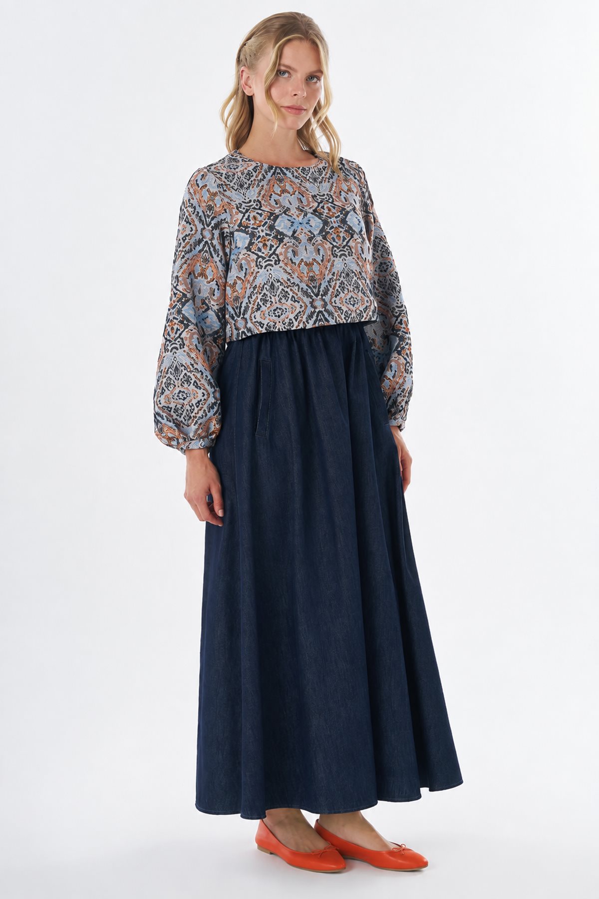 Denim-Trimmed Jacquard Dress Indigo
