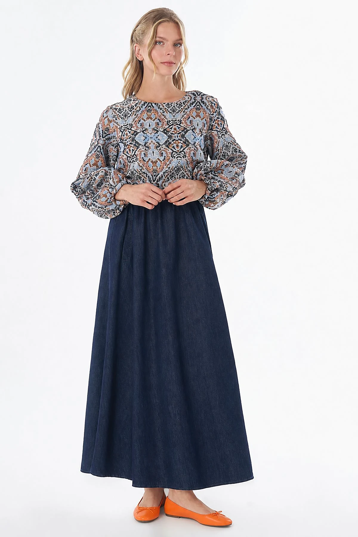 Denim-Trimmed Jacquard Dress Indigo