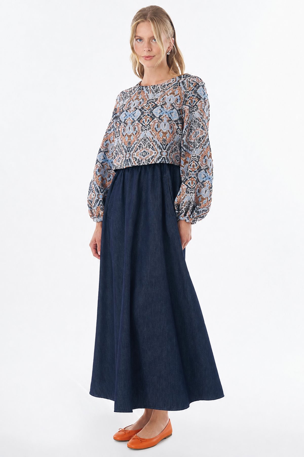 Denim-Trimmed Jacquard Dress Indigo