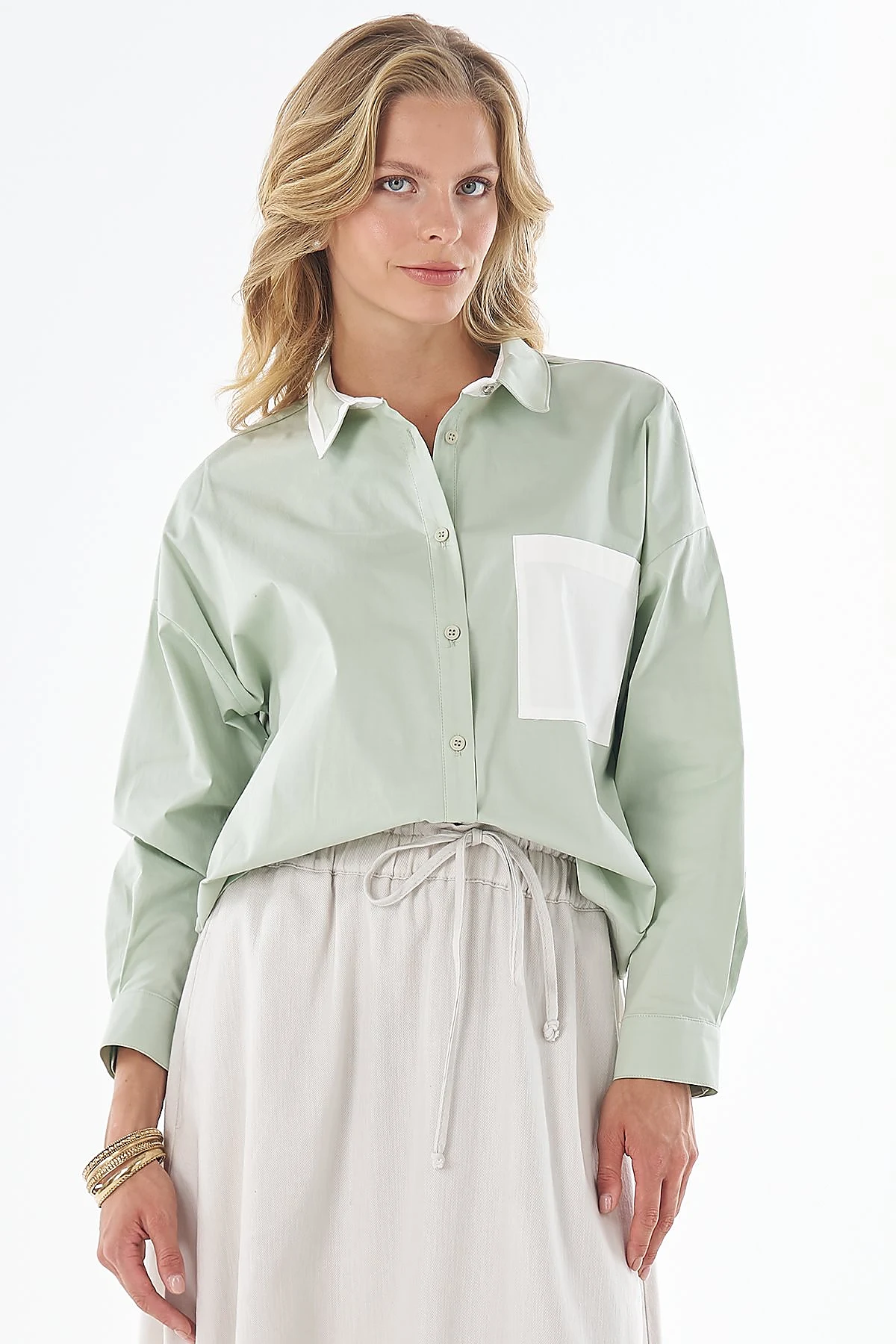 Trim-Detail Cotton Blouse Green