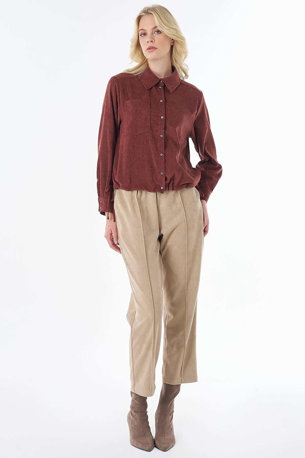 Shirt-Collar Velvet Blouse Terracotta
