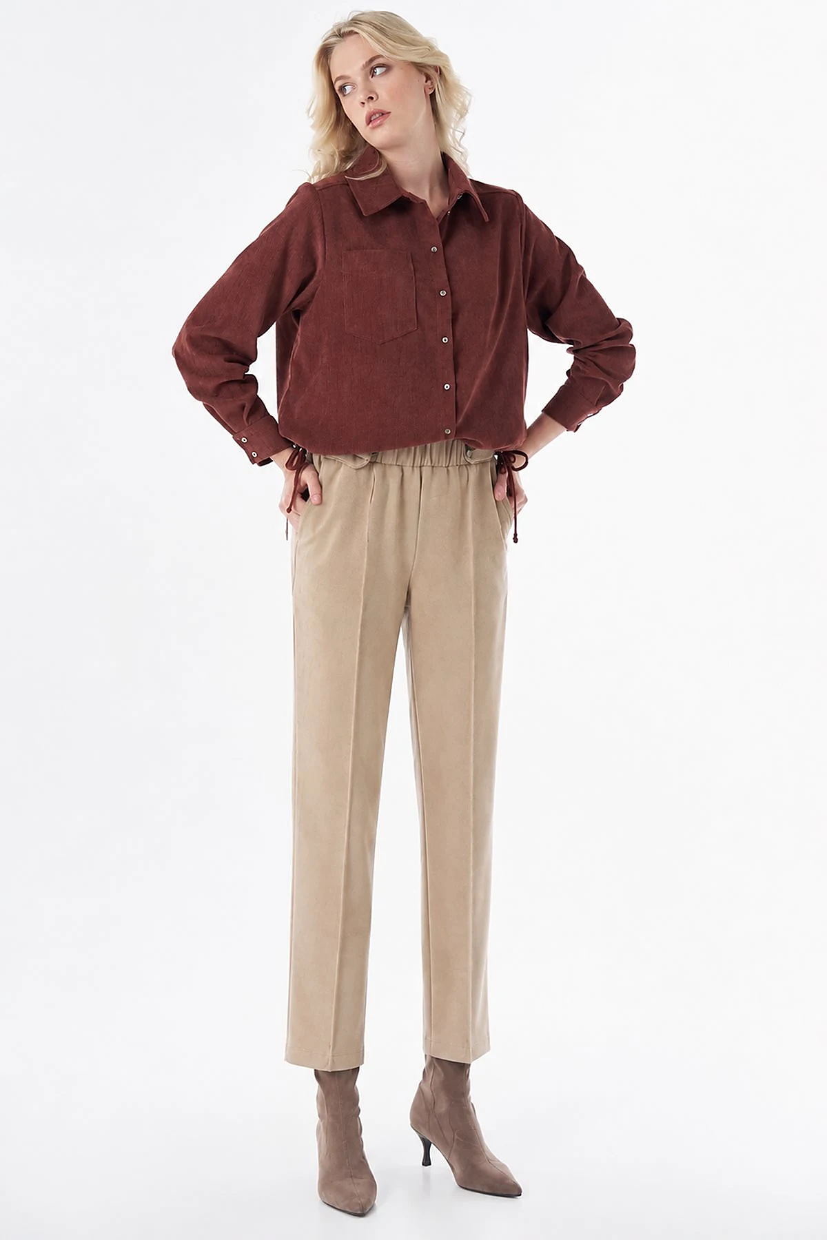 Shirt-Collar Velvet Blouse Terracotta