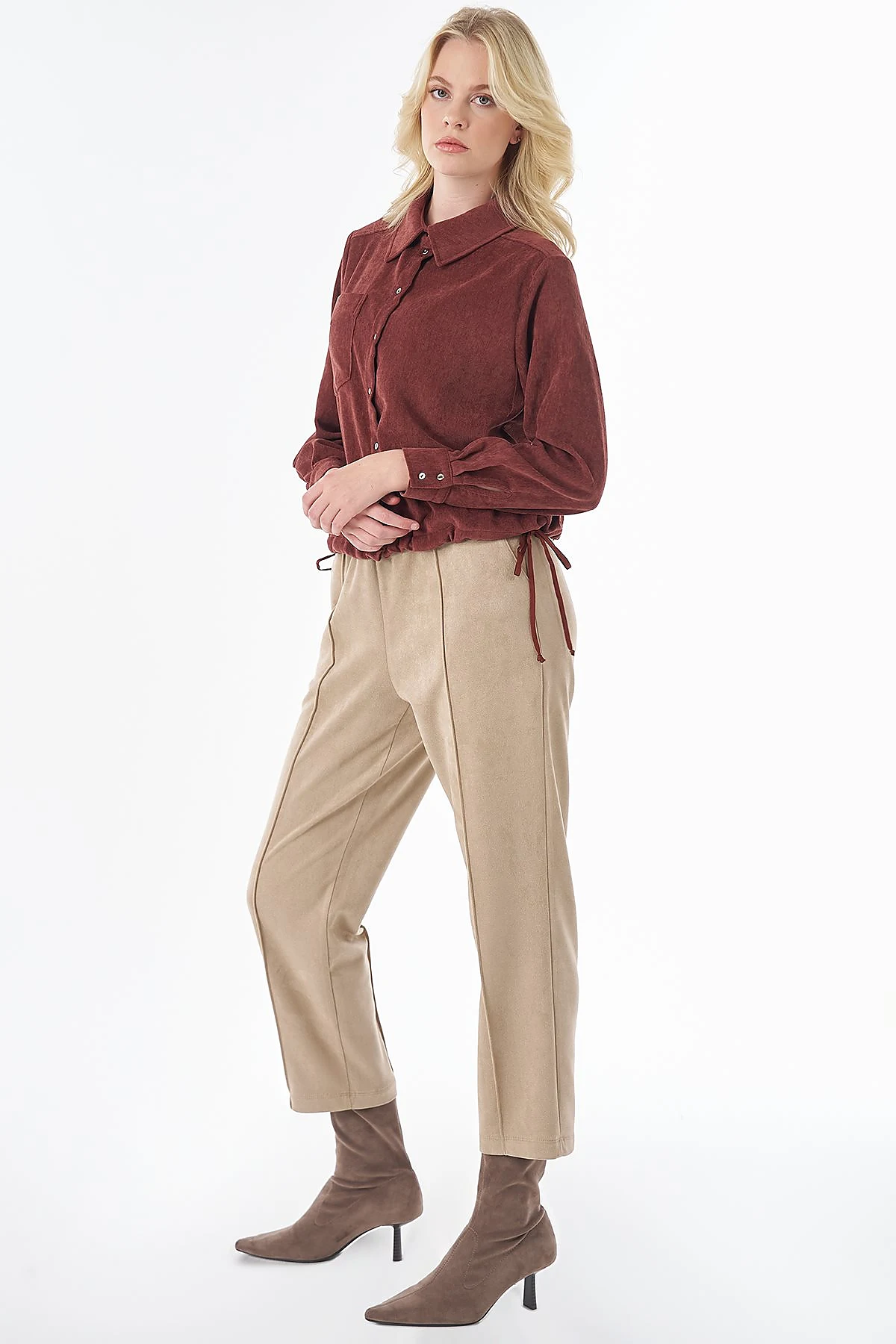 Shirt-Collar Velvet Blouse Terracotta