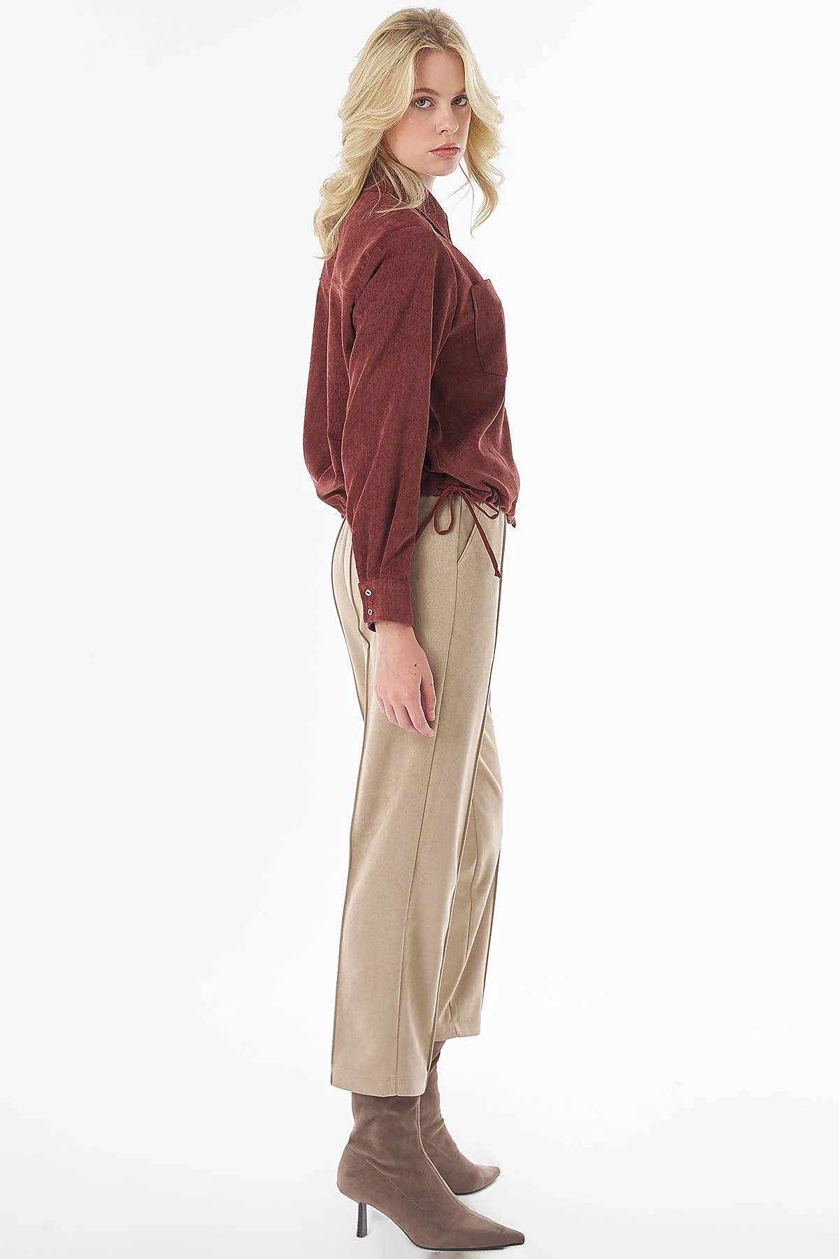 Shirt-Collar Velvet Blouse Terracotta