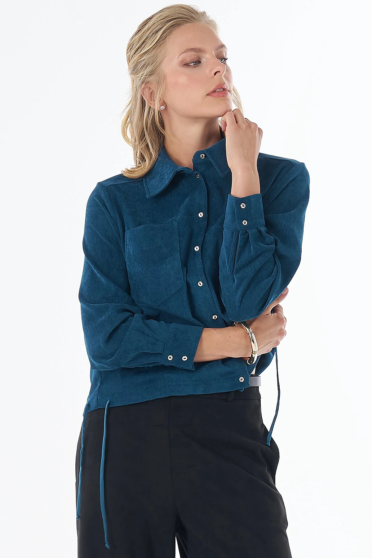 Shirt-Collar Velvet Blouse Petrol