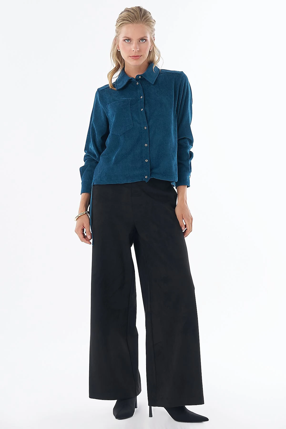 Shirt-Collar Velvet Blouse Petrol