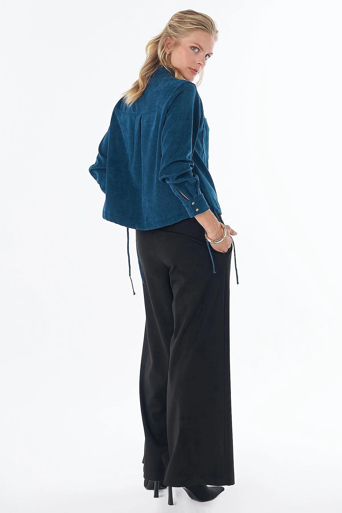 Shirt-Collar Velvet Blouse Petrol