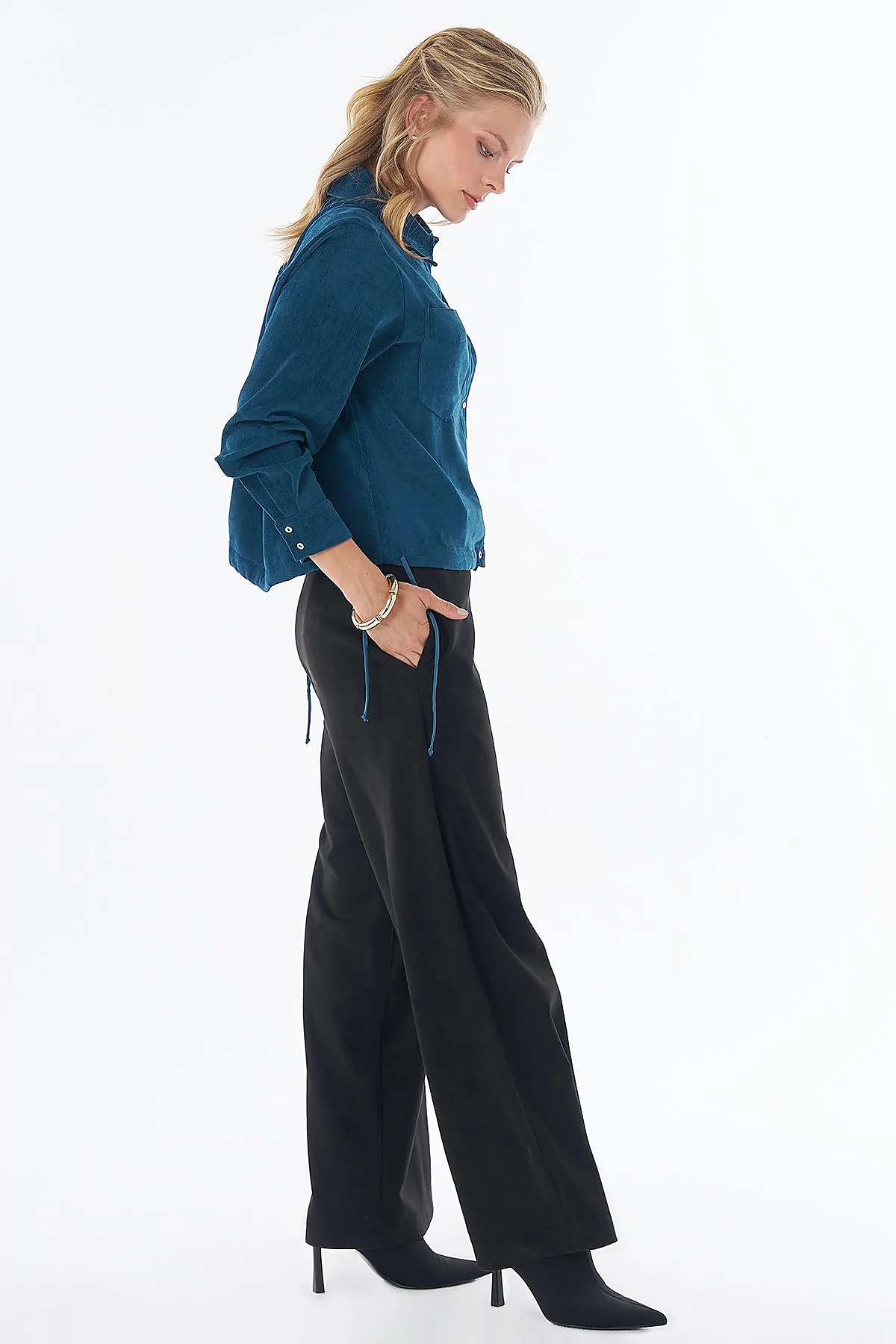 Shirt-Collar Velvet Blouse Petrol