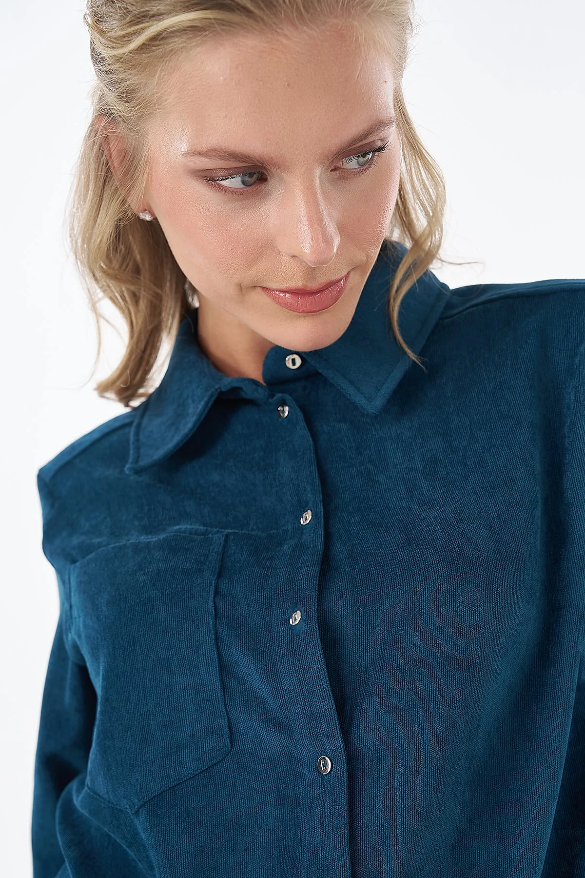 Shirt-Collar Velvet Blouse Petrol